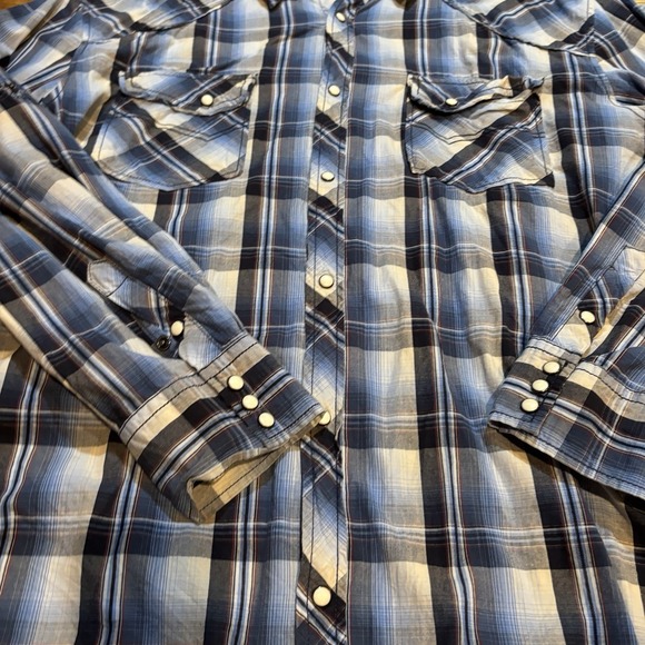 BKE Pearl Snap Western Roll Sleeve Blue Plaid Shirt Mens Size XXL Athletic Fit - Picture 3 of 5